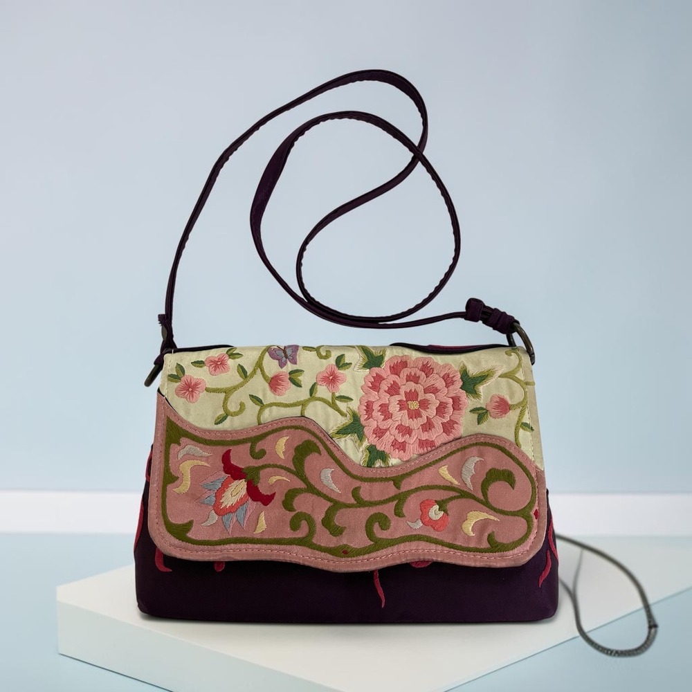 Vtg Vietnam Purple Floral Silk Embroidered Crossbody Shoulder Bag Boho Festival